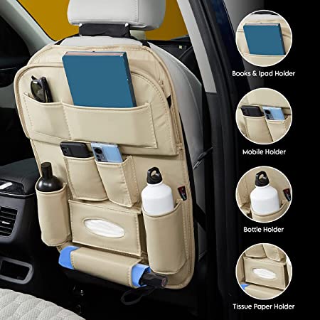 AutoFurnish 3D Car Seat Back Organizer with 10 Pockets and Meal Tray, 100  Free Tissues, Universal Fit, Holds Bottles/Mobile/  iPad/Tissues/Umbrella/Keys/Documents, PU Leather, Multipurpose